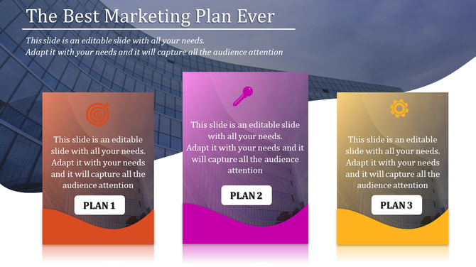 Three vibrant panels in orange, pink, and yellow showing marketing plans with icons, on a glass building and a curved layout.