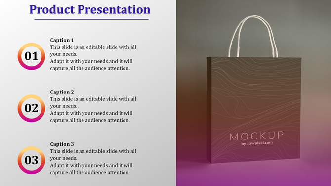 PowerPoint slide showing a product presentation mockup with a shopping bag, accompanied by three caption placeholders.