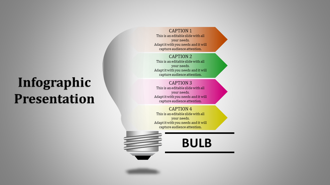 Bulb infographic design featuring a gradient background and four colored horizontal arrows labeled with captions.