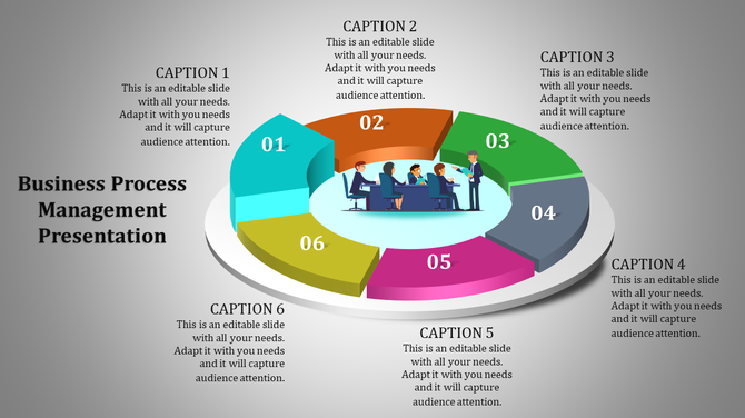 Circular 3D chart with six colorful segments and a team discussion illustration in the center on a light gray background.
