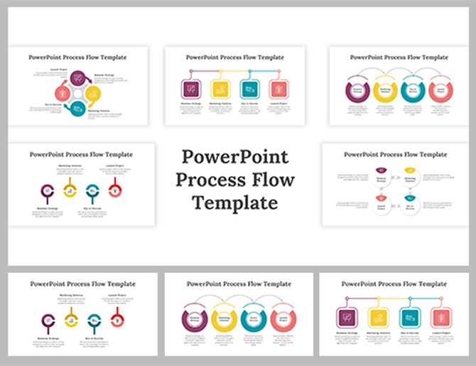 Seven slides preview of process flow designs with diverse styles, including circular and linear layouts.