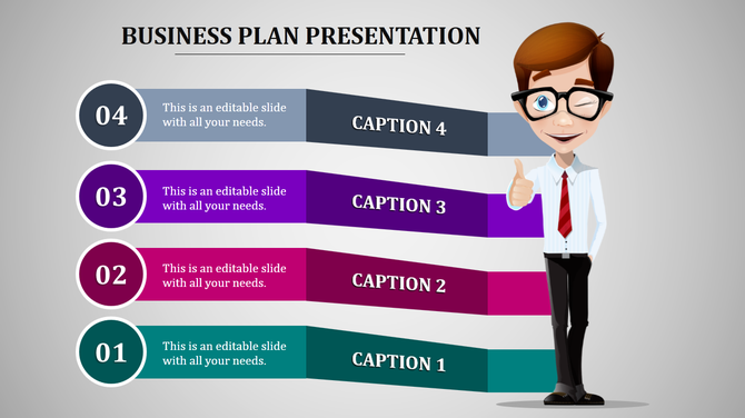 Business plan slide using teal, pink, purple, and gray horizontal banners alongside a smiling character.