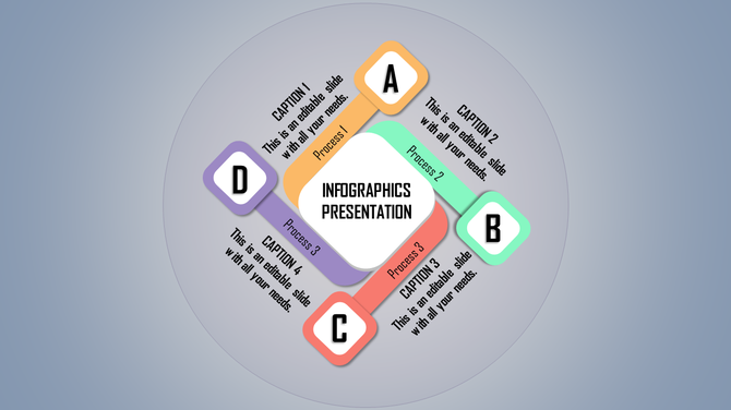 Infographic with a central white square surrounded by diamonds in yellow, green, orange, and purple, with connected captions.