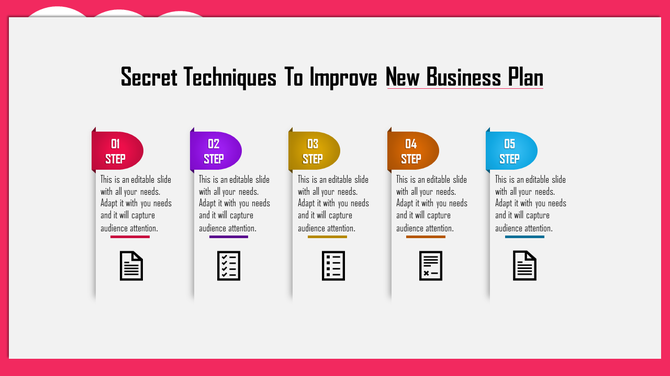 Five step vertical infographic layout with red, purple, yellow, orange, and blue sections, featuring text and icons.