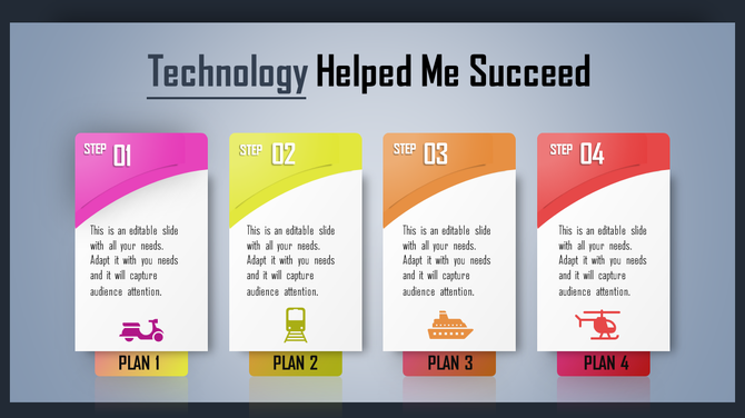 Step-by-step technology infographic with transport icons in four colors: scooter, train, ship, and helicopter.