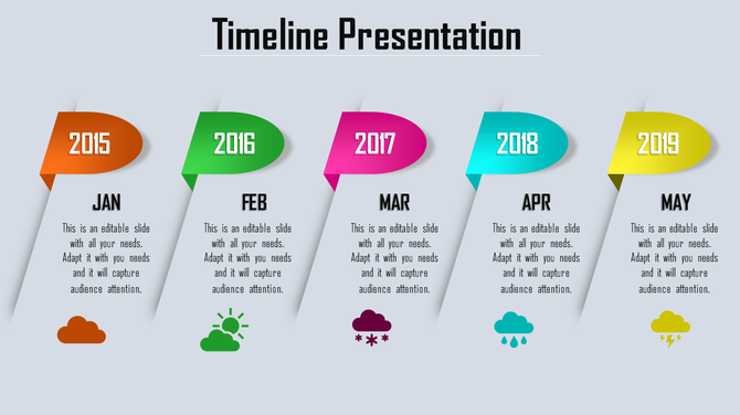 Colorful timeline presentation slide with years and months represented with different icons and labels.