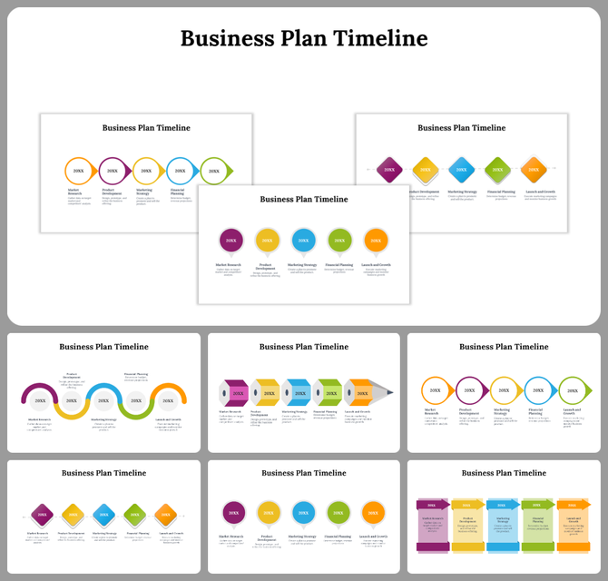 Business plan timeline slides showing various stages with colorful icons and labels representing market research and more.