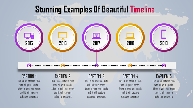 Horizontal timeline with five circles in purple, and orange, each with captions below on a light gray background.