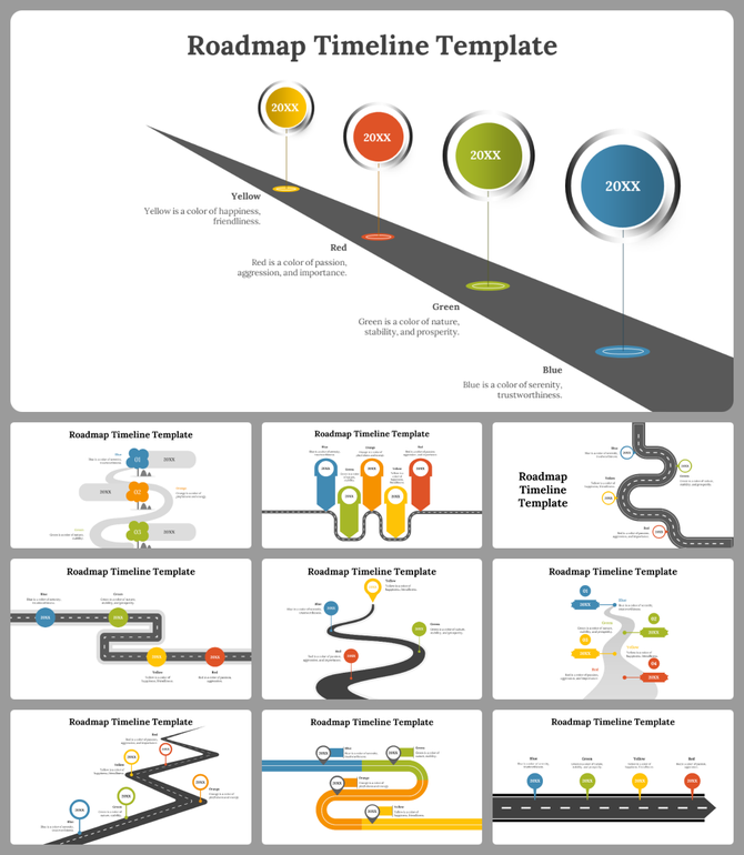 A roadmap timeline with four circular milestones labeled 20XX in  multi colour each with caption areas.