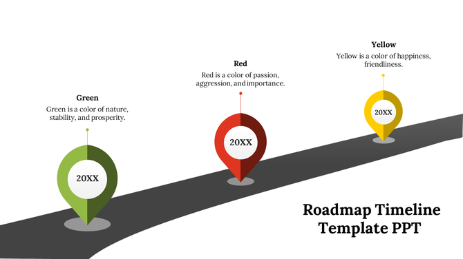 Black road with colored markers in green, red, and yellow, representing different milestones on a timeline.