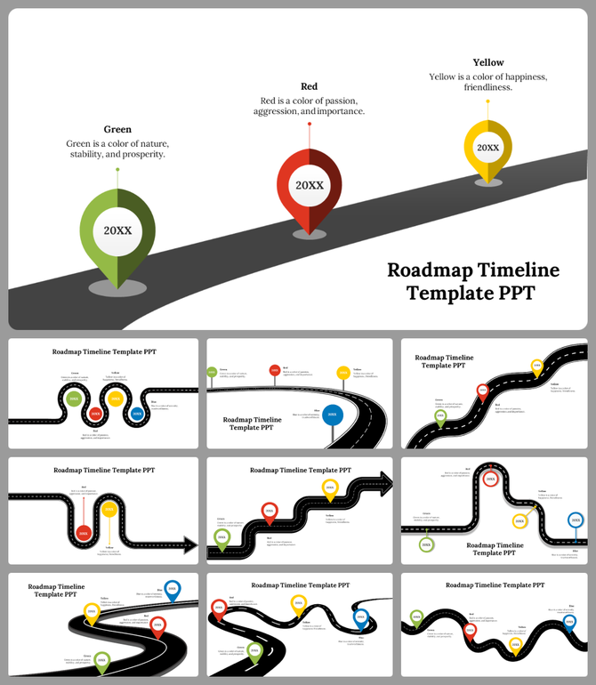 Roadmap timeline PowerPoint slides featuring colorful milestone markers with text descriptions in different layout designs.
