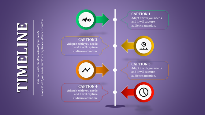 Vertical timeline infographic with four milestones, featuring colorful arrows and icons on a purple background.