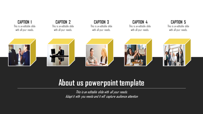 About Us PowerPoint template showcasing five images in yellow 3D cubes of diverse people working together with captions.