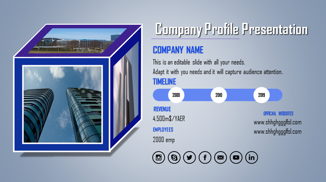 Company profile slide showing a timeline with key milestones and company information with images of office buildings.