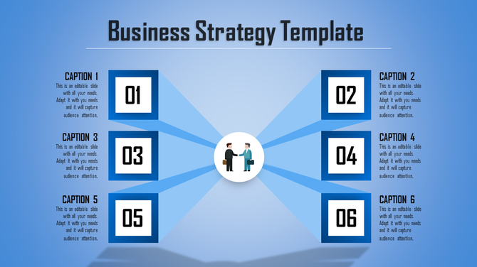 Business strategy template with numbered steps, featuring a handshake icon in the center with captions on a blue theme.