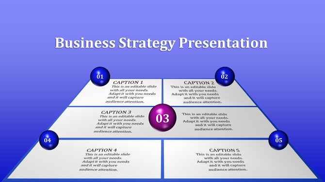 Pyramid shaped layout with numbered spheres in blue and purple on a gradient background for business strategy.