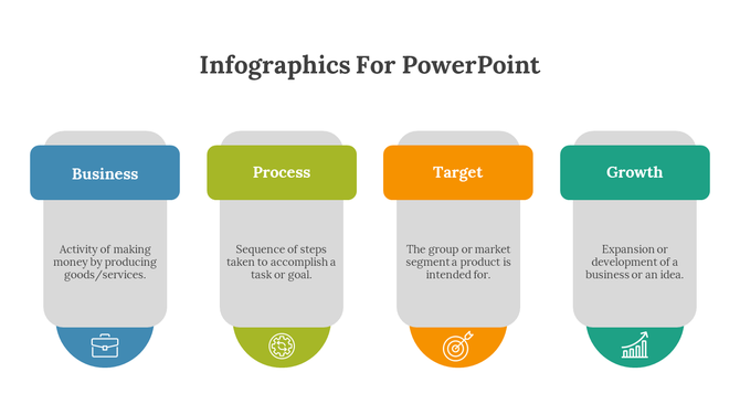 Infographics for PowerPoint explaining business, process, target, and growth with definitions and icons for each category.