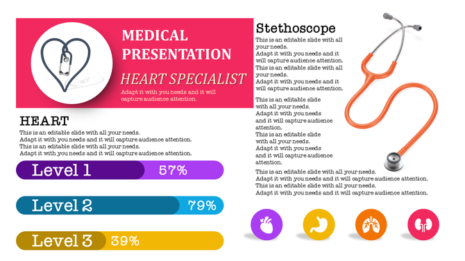 Medical PowerPoint slide featuring a heart specialist with a stethoscope and progress bars for levels.