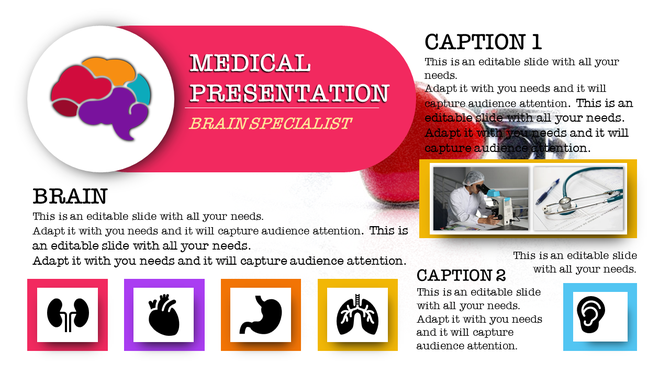 Medical PowerPoint template for brain specialists featuring icons for various organs and medical tools with captions.