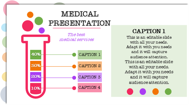Medical slide with a test tube infographic showing percentages and four captions, alongside green text box on the right.