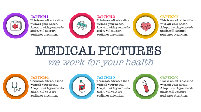Medical pictures slide with six color-coded circular icons and placeholder related to healthcare.