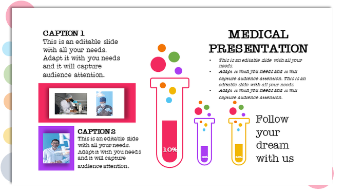 Medical presentation slide with test tubes, colorful dots, and two caption sections.
