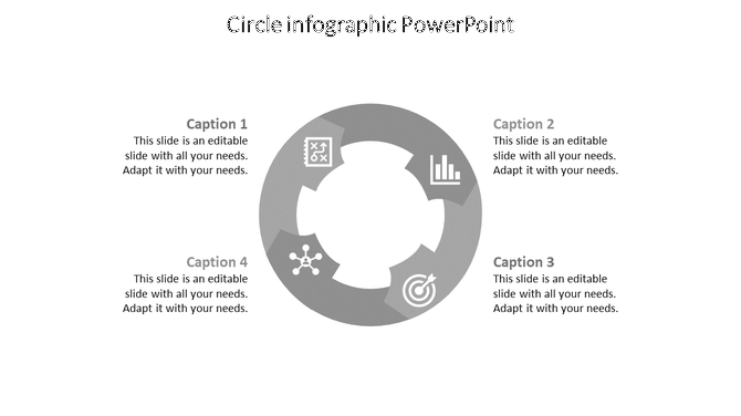 Grey circle infographic PowerPoint template with four sections, each containing icons for different business concepts.