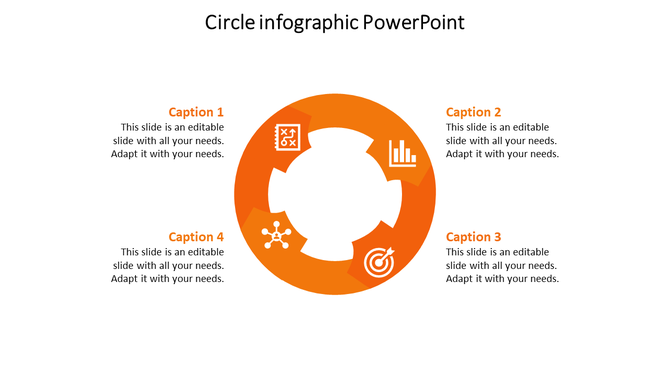 Infographic with an orange circular shape, four curved cutouts with icons, and caption areas positioned around it.