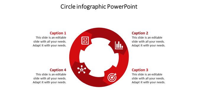 PowerPoint slide featuring a red circle infographic with four segments, each labeled with a caption and icon.