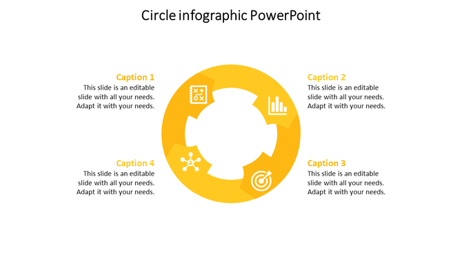 Yellow circle infographic PowerPoint template with four sections, each containing icons for different business concepts.