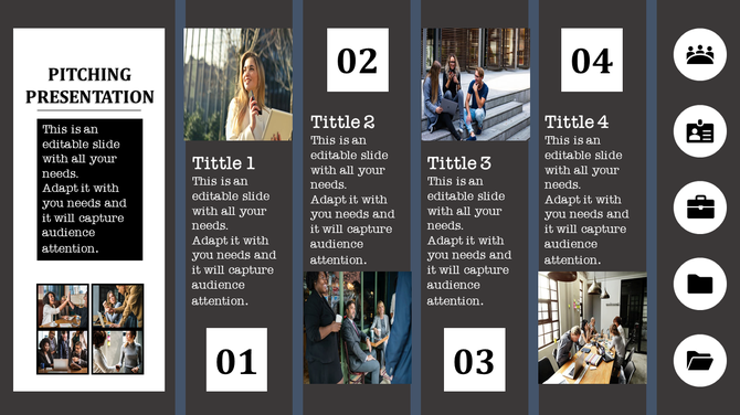 Dark themed layout with four numbered vertical columns, each with images and text, and icons on the right.