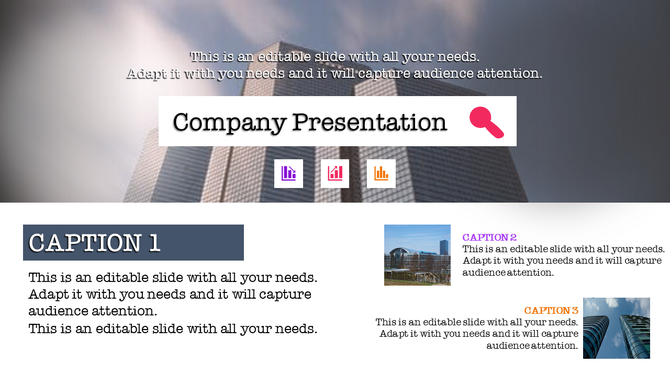 Company presentation slide with skyscraper background, featuring icons in the center, and three caption sections below.