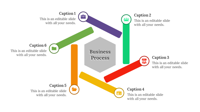 Hexagonal business diagram with six sections in purple, green, red, yellow, orange, and dark green, each linked to a caption.