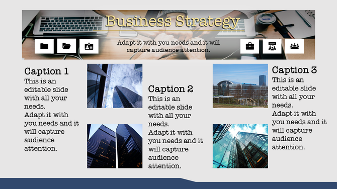 Business strategy PowerPoint template with images of business tools and city skyscrapers with captions.