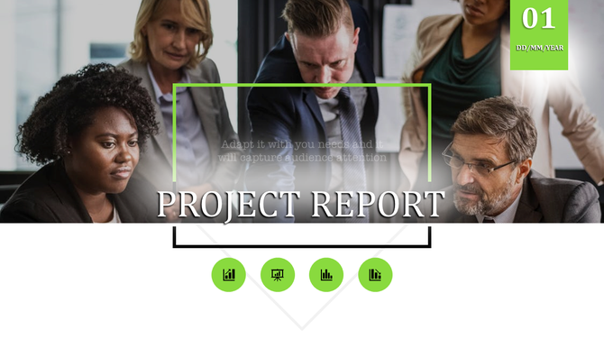Project report slide featuring a group discussion image, with green accents, and four circular icons below the title.