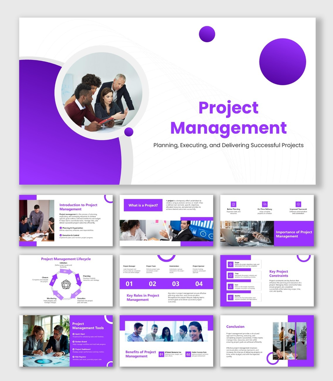 Project Management PowerPoint Slides purple theme with circular shapes, icons, and project lifecycle workflow diagrams.