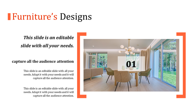 Furniture design slide featuring a dining area with beige chairs, a wooden table, and a chandelier, framed by large windows.