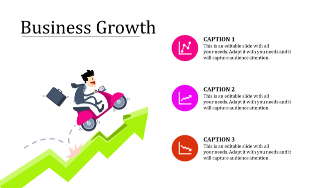Business growth slide concept with a person on a scooter racing upwards along a green arrow and icons with caption text.