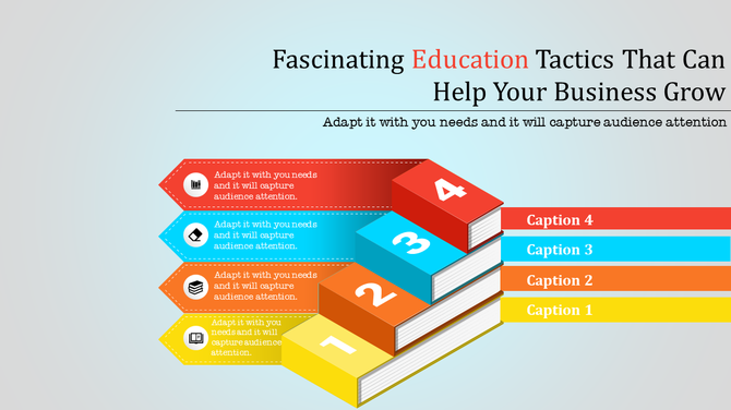 Stacked book shaped infographic with colorful layers labeled 1 to 4, paired with captions and icons on the side.