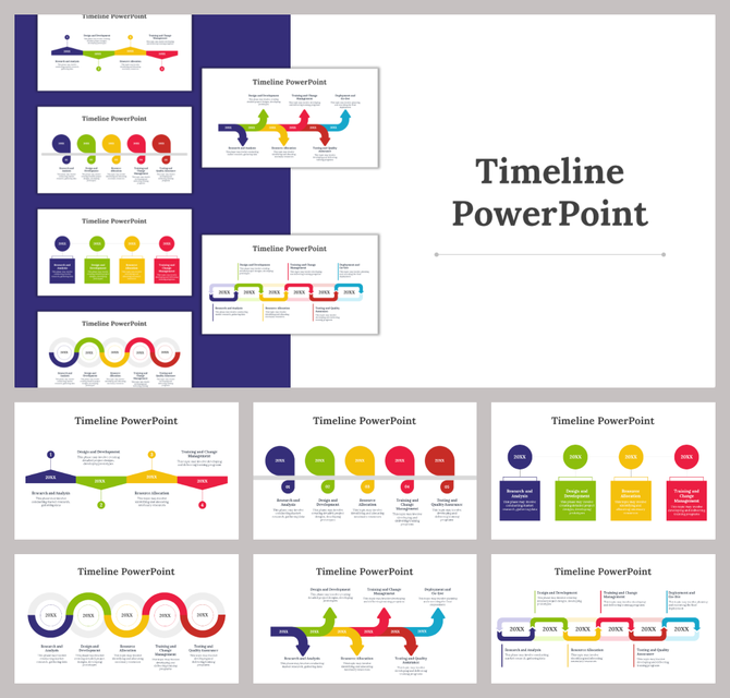 Creative timeline PowerPoint template with multiple slides showcasing project phases and milestones over the years.