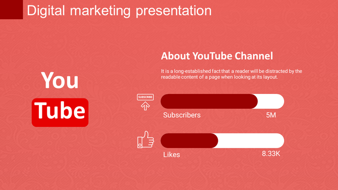 Youtube focused slide with a red background, showing two horizontal progress bars for channel subscribers and likes.