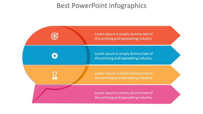 Layered infographic with four colorful horizontal segments in red, blue, yellow, and pink, featuring icons and text.