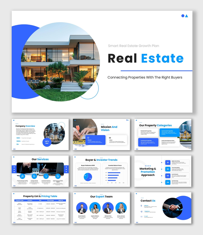 Illustration of a real estate slide showing a broker standing next to a modern house, surrounded by six caption areas.