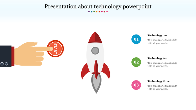 Illustration of a hand pressing a red start button with a rocket and numbered technology captions for a PPT presentation.