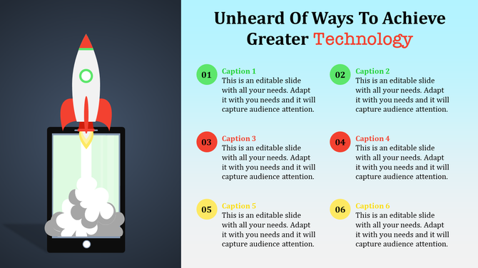 Technology themed infographic with a rocket launch illustration and six captions organized in two vertical columns.
