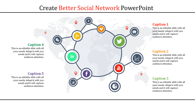 Global social media network diagram with circular icons for popular platforms and captions areas around the edges.