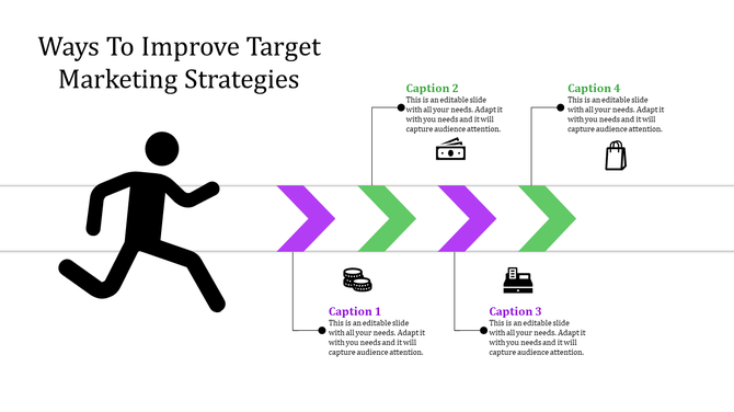 A slide showcasing ways to improve target marketing strategies with icons representing money, shopping, and business tools.