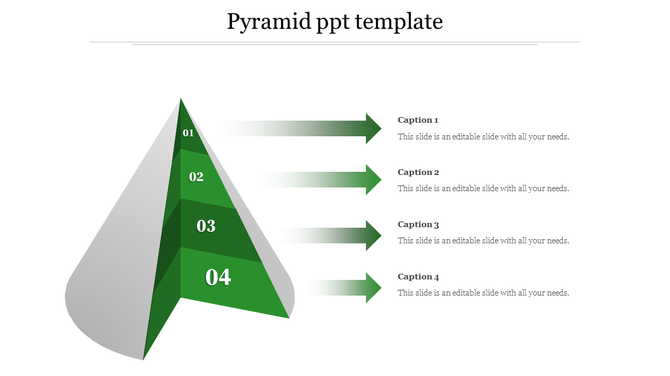 3D pyramid infographic with four green layers numbered 01 to 04, connected to right side captions by gradient arrows.