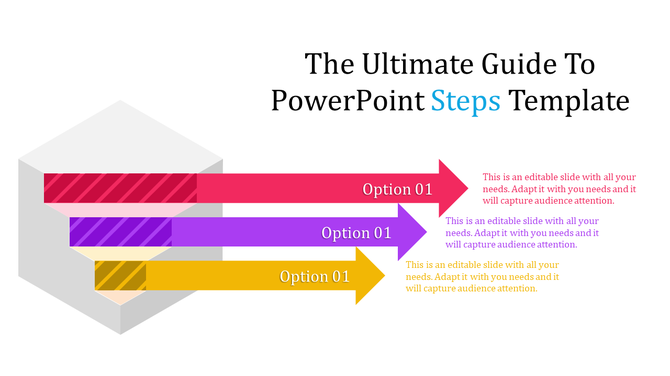 PowerPoint template with colorful arrows representing different steps, with options and placeholder text.