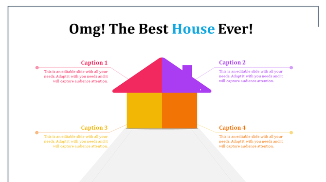 Colorful house diagram with captions for presentation content.